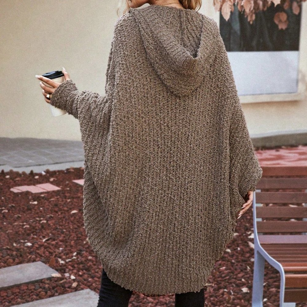Brown Casual Womens Batwing Sleeve Hooded Duster Cardigan - Picture 5 of 7
